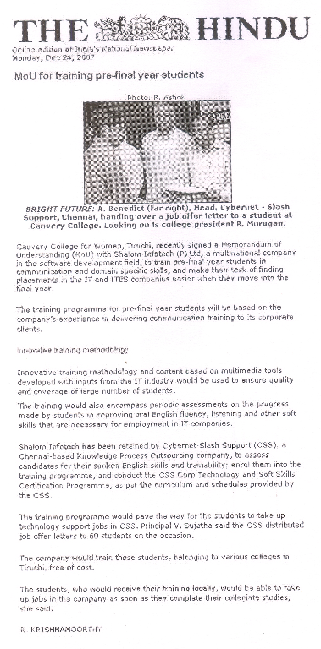 MoU for Training Pre-Final Year Students